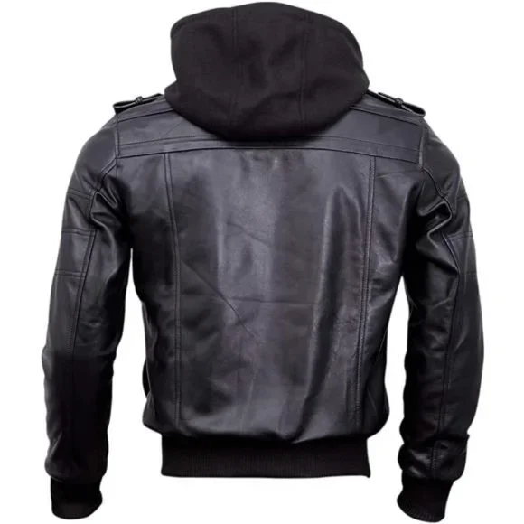 Genuine Black Hooded Bomber Leather Jacket for MenWith Removable Hood